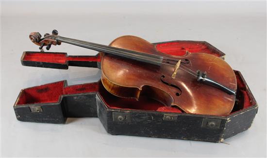 An early 20th century cello, probably French, body 29.5in., length overall 49in.